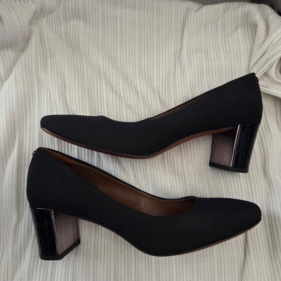 Donald Pliner Corin 8 Black Crepe Elastic Patent Leather Mirrored Block Heel - Picture 2 of 11